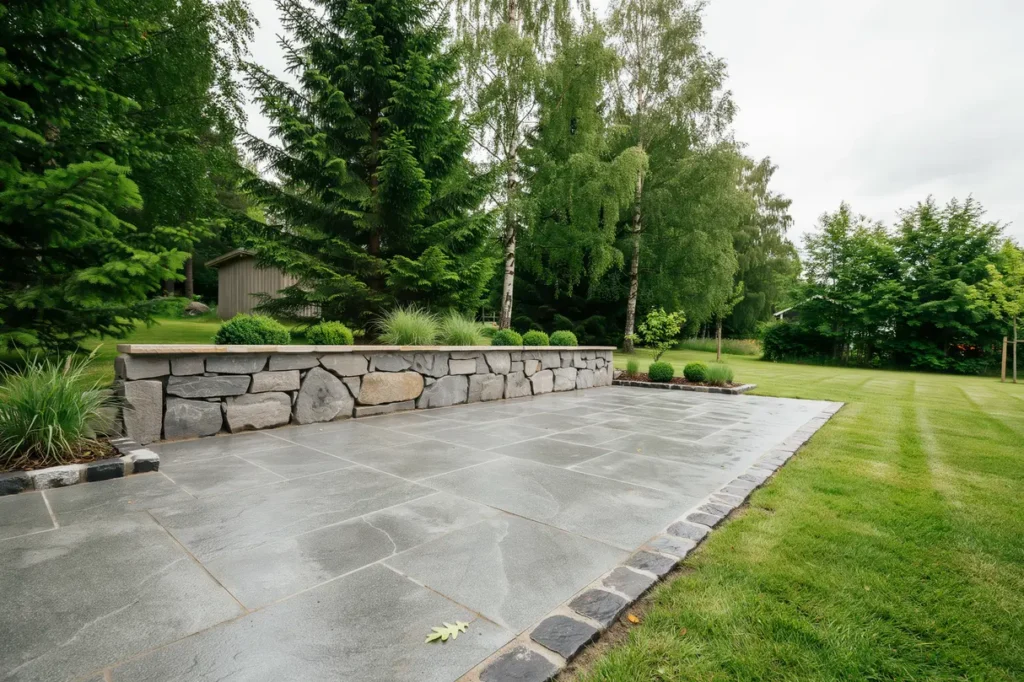 stensatt uteplats med kantsten och l g mur i k llered m lndal
